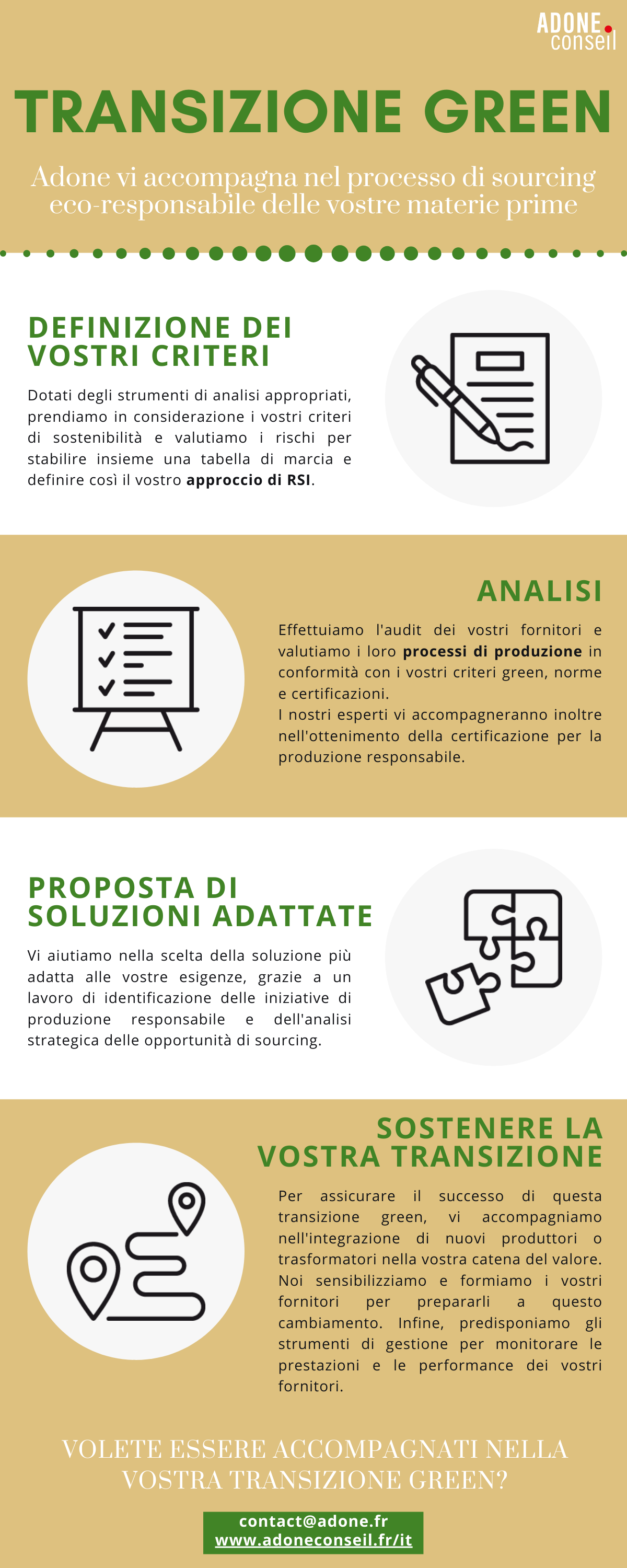 Adone Conseil vi accompagna nel sourcing eco-responsabile delle vostre materie prime. Definizione dei criteri, analisi, proposta di soluzioni adattate, sostenere la vostra transizione, ! Volete essere accompagnati nella vostre transizione green ? Potete contattarci su contact@adone.fr oppure via il nostro sito web.